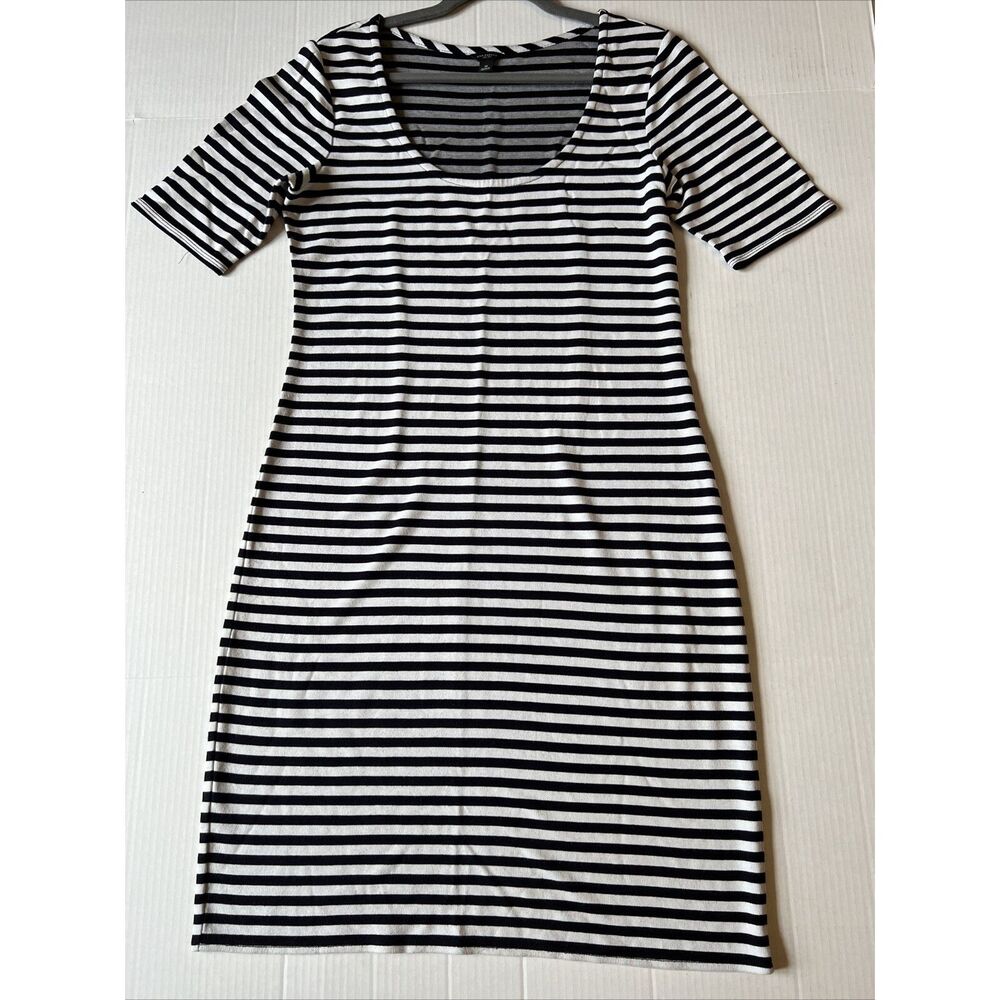 Ann Taylor Sz M Dress White Black Stripe Short Sleeve Rayon Knee Length